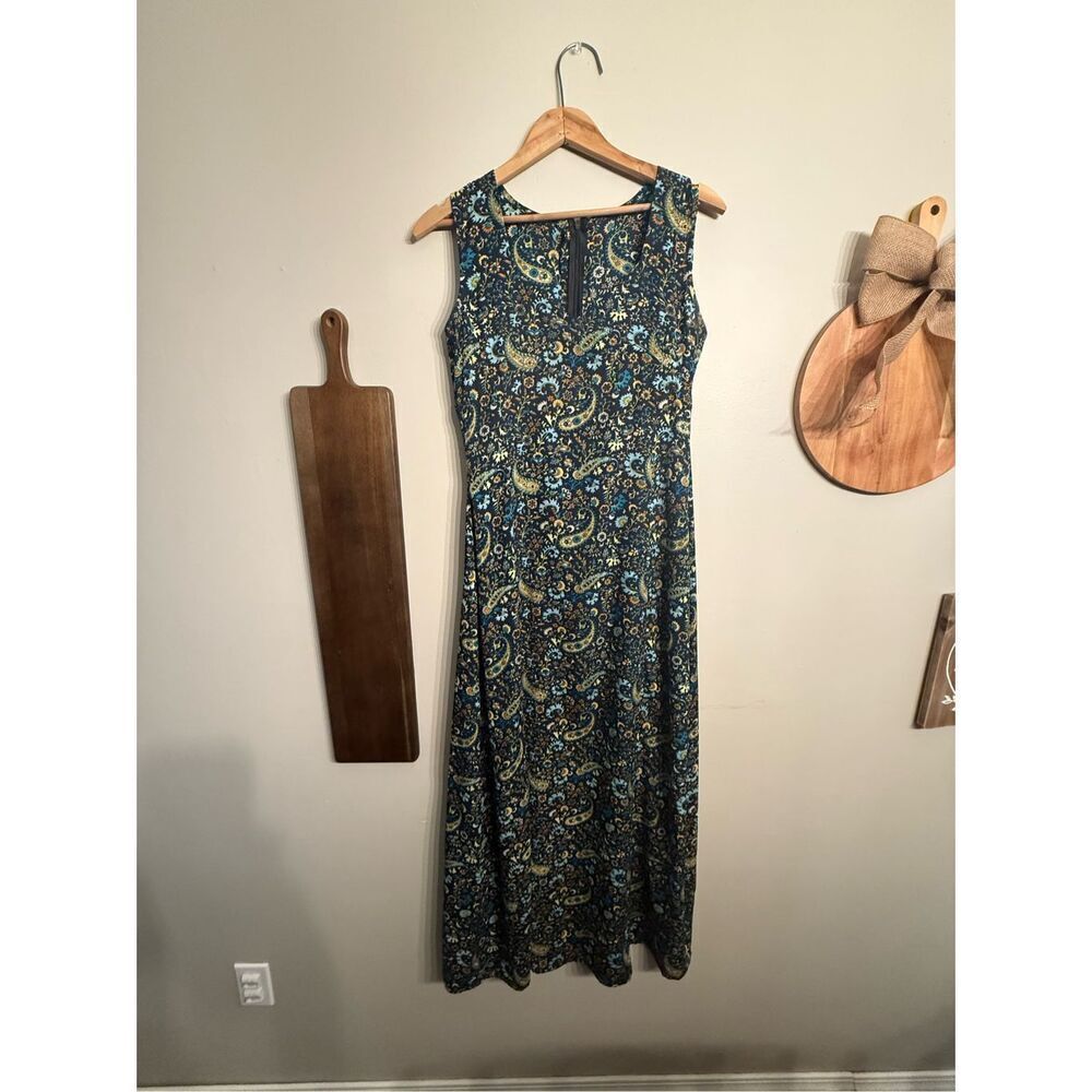 Womens Blue Paisley Floral Print Boho V Neck Sleeveless Maxi Dress Size Small